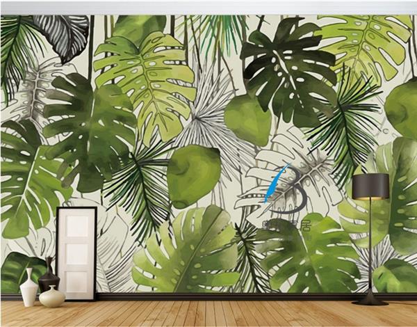 六纹鱼 东南亚热带雨林植物墙纸绿色北欧叶子壁画卧室电视背景墙壁纸