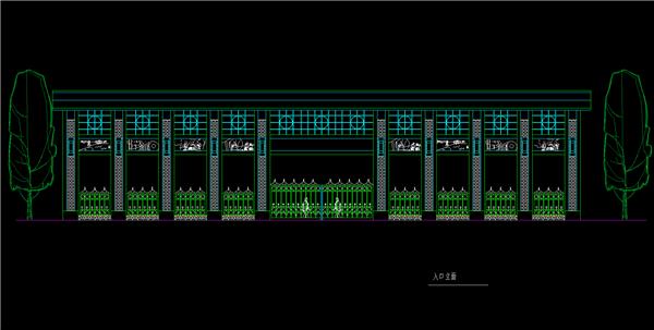 超长入口、铁艺栅栏大门、门柱、铁艺雕花装饰、立面、dwg_3581463