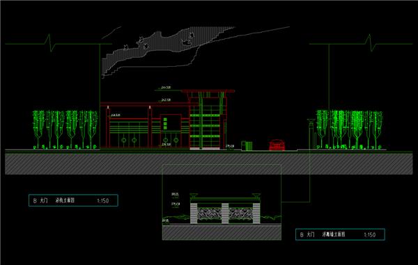 商场入口景观、门卫亭、树穴、浮雕墙、平立面、dwg_3581559