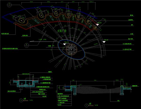 太阳广场景观、入口、七彩柱、中心雕塑、小桥、铺装、花台、大样、平立剖、dwg_3581948