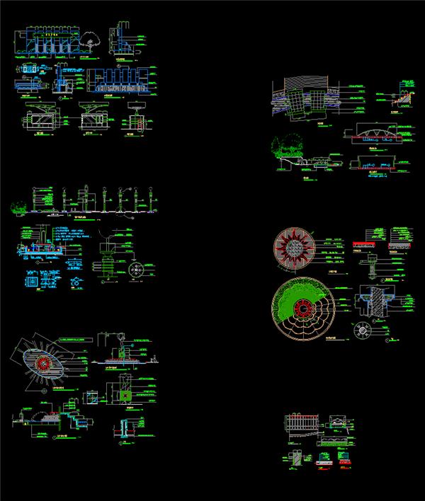 太阳广场景观、入口、七彩柱、中心雕塑、小桥、铺装、花台、大样、平立剖、dwg_3581948