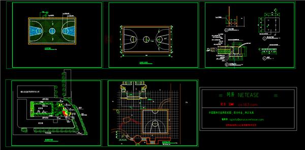 篮球场平面图、尺寸定位图、网格放线图、做法大样，植物配置平面图，dwg_3582074