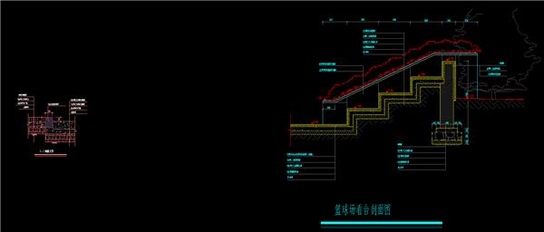 篮球看台平面图、剖面图，剖面大样，健身广场平面大样，dwg_3582082