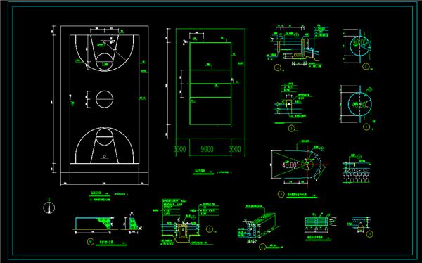 排球场、篮球场标准平面图，运动场细节大样图，dwg_3582090