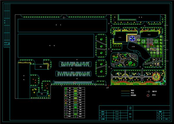 办公园区绿化平面图、办公楼、户外停车场、广场、绿化带、植物配置表、dwg_3583689