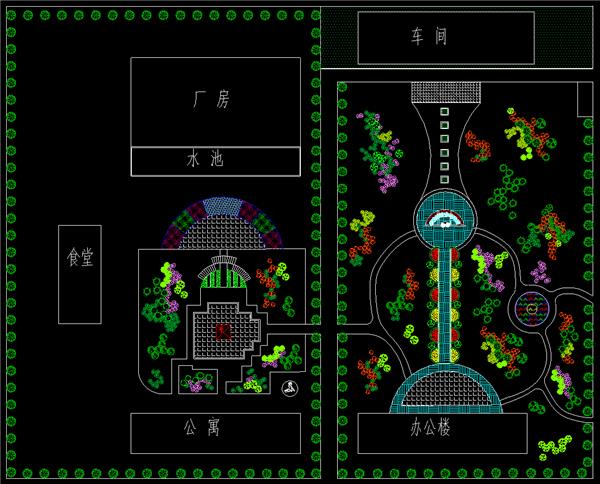 厂区绿化平面图、厂房、办公楼、车间、食堂、公寓、公园、水池、dwg_3583972