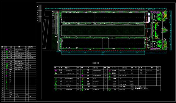 厂区绿化平面图、厂房、办公楼、展示厅、食堂、浴室、停车场、植物配置表、dwg_3584014