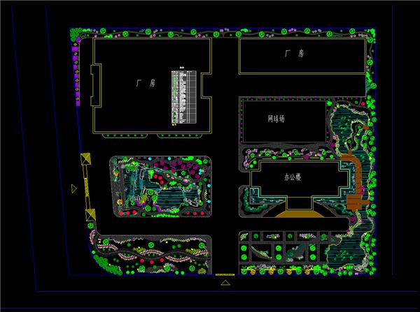 厂区绿化平面图、厂房、网球场、办公楼、公园、绿化带、植物配置表、方形、dwg_3584105