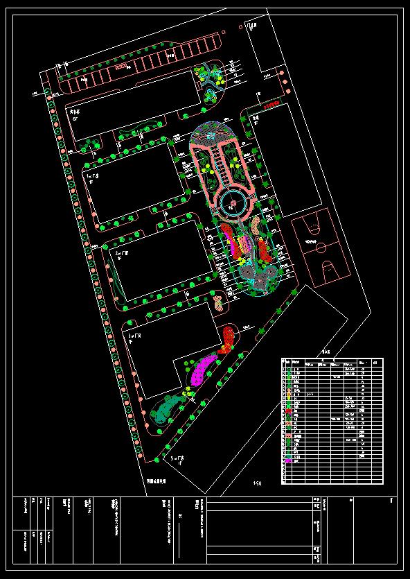 厂区绿化平面图、厂房、综合楼、仓库、中心广场带喷泉连廊、篮球场、门卫房、停车场、植物配置表、dwg_3584108