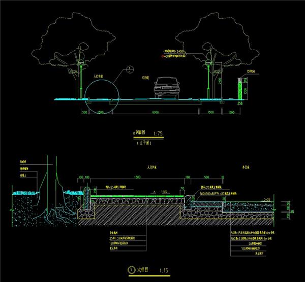 道路大样、做法、基础、剖面、dwg、车行道、人行道、灯罩、灯柱_3585073