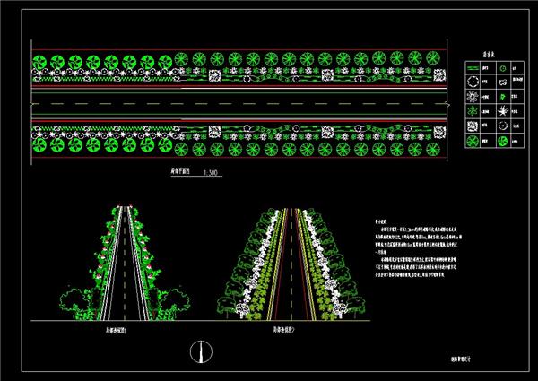 道路绿化、苗木表、植物配置、局部平面、局部透视、dwg_3585083