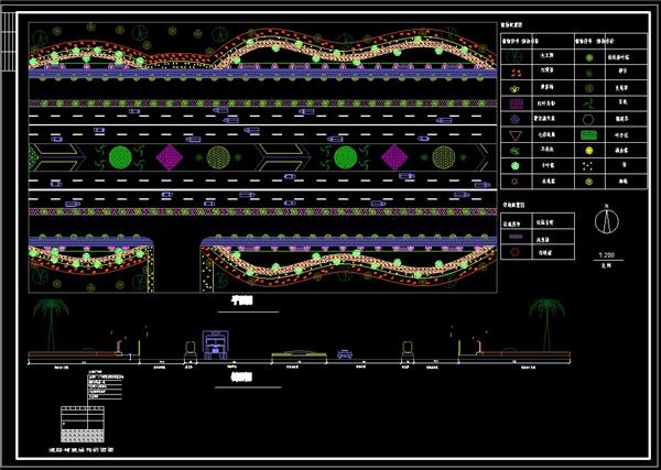 道路绿化平面、道路铺装结构断面及做法、道路剖面、植物配置、dwg_3585094