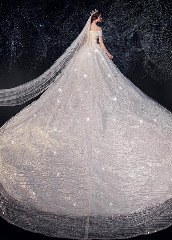 【普莱诗】主婚纱礼服新娘一字肩拖尾冬季梦幻法式星空超仙豪华奢侈