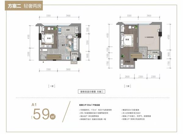 59平米 两室一厅两卫  LOFT户型图_3513739