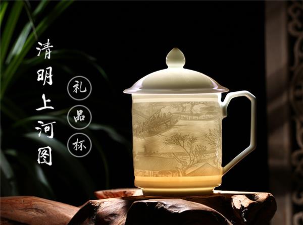 景德镇影青釉手工雕刻陶瓷带盖老板茶杯大号办公杯#陶瓷 #杯子 