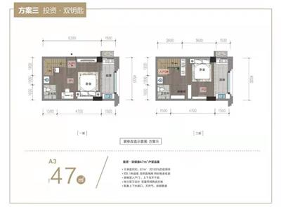 47平米  两室两厅两卫  LOFT户型图