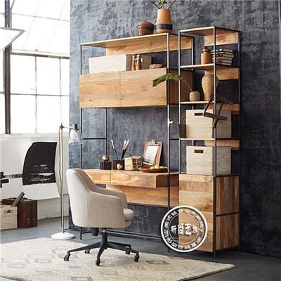 北欧美式复古铁艺实木电脑桌简约家用卧室办公桌现代书桌书架组合