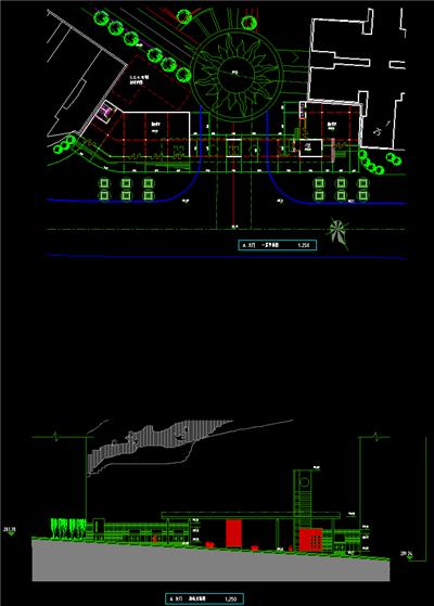 带坡度的小区大门入口平面、沿街立面、树池、物业管理处、门卫室、广场、dwg