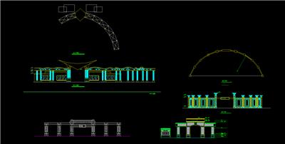 弧形公园西大门、南大门平立面，花园大门立面、别墅区大门立面、开放式大门、dwg