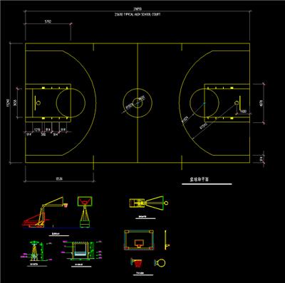 篮球场平面图，篮球架平面、立面图，秋千架平面、立面图，节点大样图，dwg