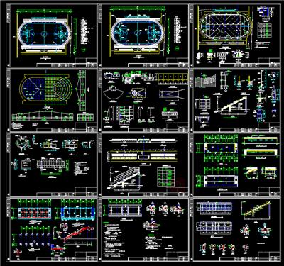 田径场总平面图、标高图，田径场内排水系统平面图，操场内建筑平立剖，大样，dwg