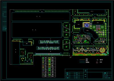 办公园区绿化平面图、办公楼、户外停车场、广场、绿化带、植物配置表、dwg