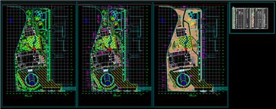 办公园区绿化总平面图、乔木种植设计、灌木种植设计、植物配置表、广场、办公楼、食堂、dwg