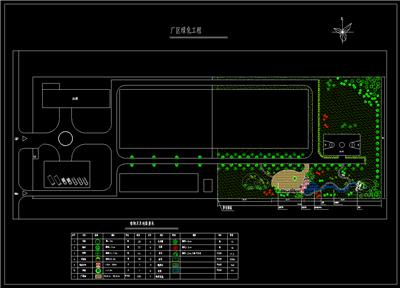 厂区广场绿化平面图、篮球场、游园广场、亭子、小桥、假山、植物配置表、dwg