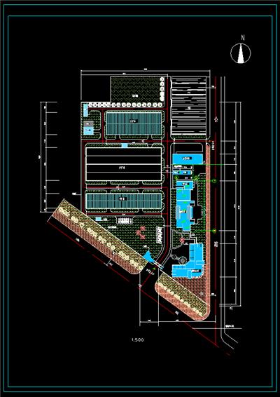 厂区规划平面图、厂房、办公楼、食堂、浴室、宿舍楼、池塘、dwg