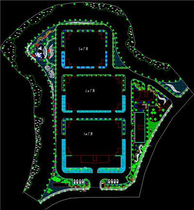 厂区绿化平面图、3座厂房、户外停车场、小公园、绿化带、植物配置、dwg