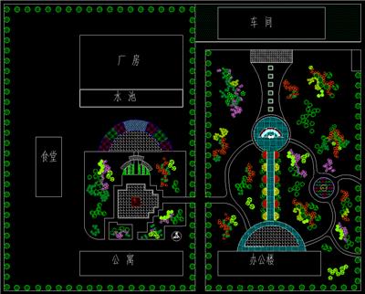厂区绿化平面图、厂房、办公楼、车间、食堂、公寓、公园、水池、dwg