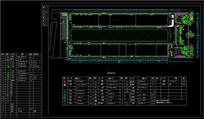 厂区绿化平面图、厂房、办公楼、展示厅、食堂、浴室、停车场、植物配置表、dwg