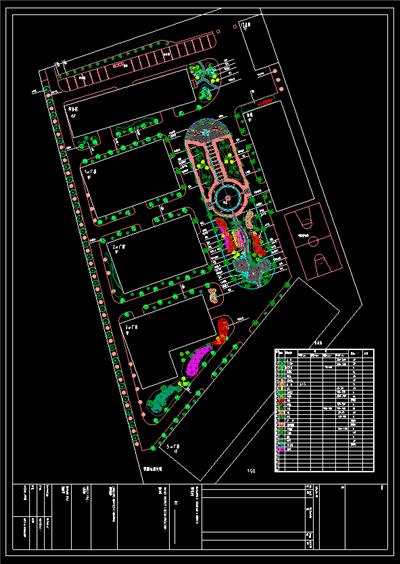 厂区绿化平面图、厂房、综合楼、仓库、中心广场带喷泉连廊、篮球场、门卫房、停车场、植物配置表、dwg