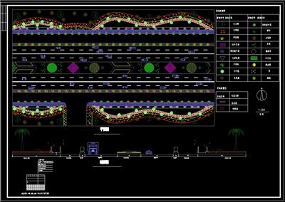 道路绿化平面、道路铺装结构断面及做法、道路剖面、植物配置、dwg