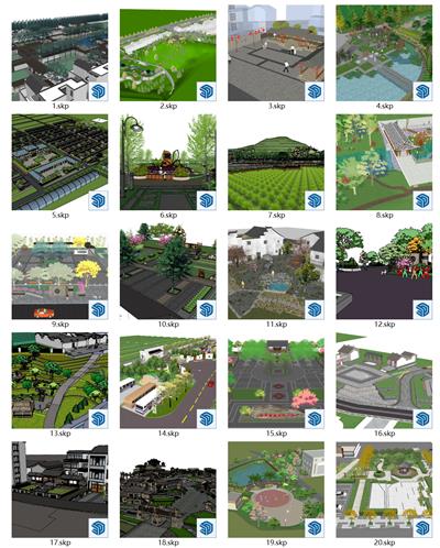 新中式乡村广场、新农村民宿公园景观su素材