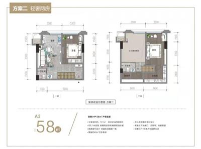 58平米  两室一厅两卫  LOFT户型图